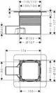 Hansgrohe Ablaufset mit quadratischem Design, seitlicher Abflussöffnung und Montagefächen für Verkleidung, mit Standardanschlüssen. Technische Zeichnung mit detaillierten Maßen.